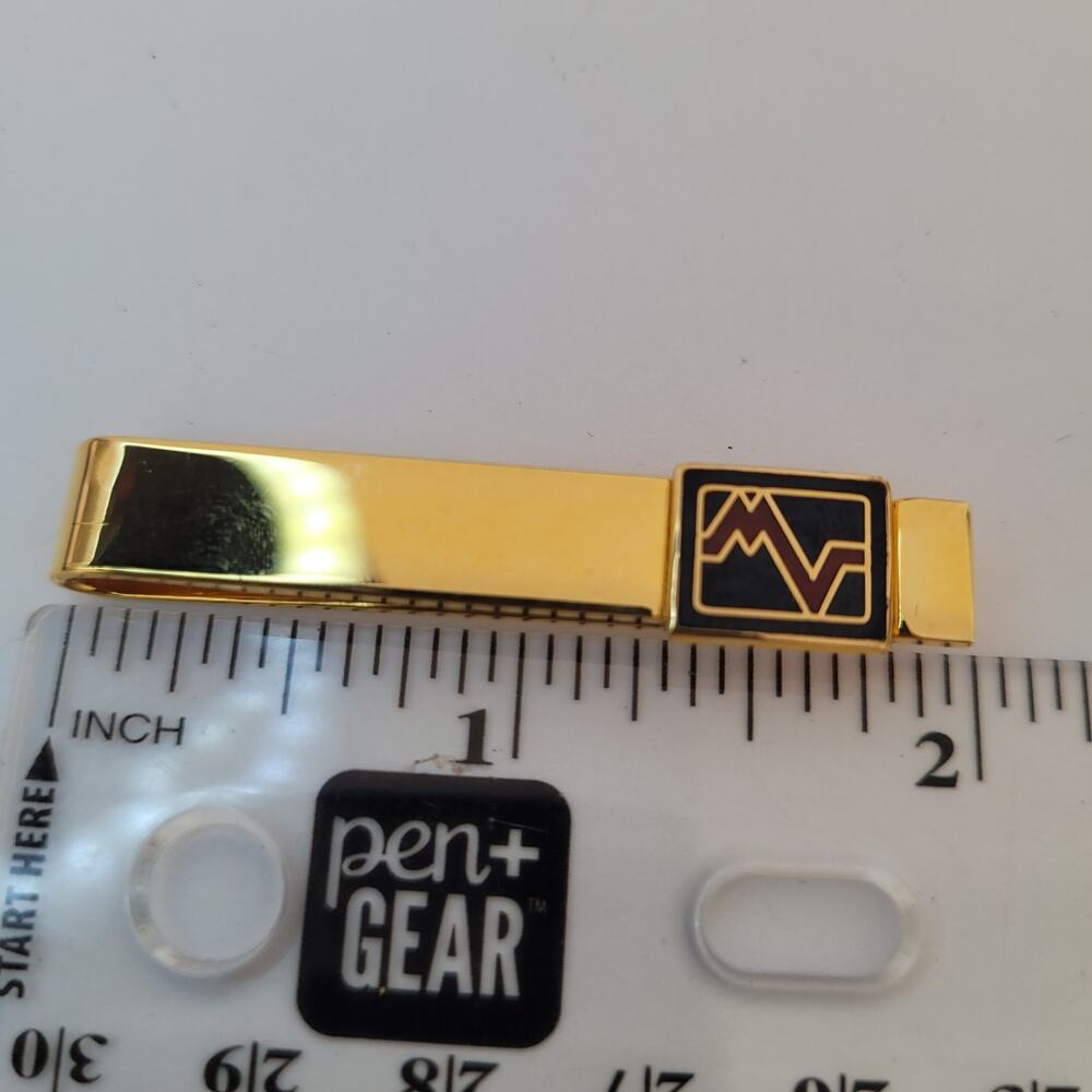 Mario Valentino MV USA Vintage Tack Tie Clasp Clip Bar Gold Black Retro Logo - Picture 6 of 6